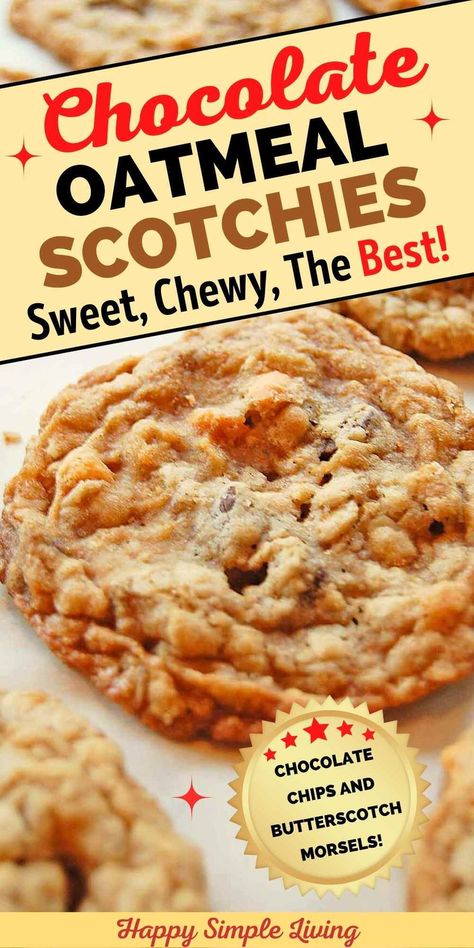 Chewy, gooey, and absolutely scrumptious - these oatmeal butterscotch chocolate chip cookies take your taste buds to paradise in every bite. Make dozens in just a few simple steps with this easy drop cookie recipe! Butterscotch Chocolate Chip Oatmeal Cookies, Chocolate Butterscotch Oatmeal Cookies, Oatmeal Butterscotch Chocolate Chip Cookies, Oatmeal Scotties Cookies, Chocolate Butterscotch Chip Cookies, Butterscotch Morsels Recipes, Chocolate Chip And Butterscotch Cookies, Butterscotch Scotchies, Oatmeal Scotchies Cookies Recipes