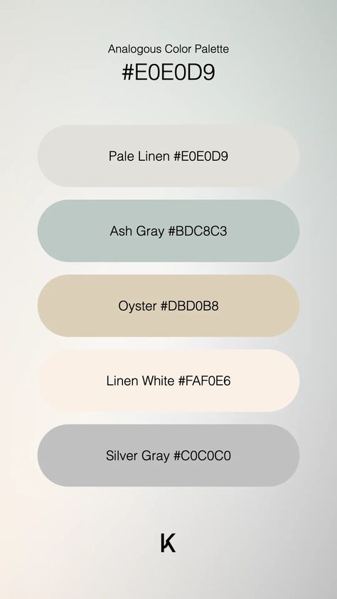 Analogous Color Palette Pale Linen #E0E0D9 · Ash Gray #BDC8C3 · Oyster #DBD0B8 · Linen White #FAF0E6 · Silver Gray #C0C0C0 White Silver Color Palette, Grey And White Color Palette, Ash Color Palette, Light Grey Color Palette, Color Palette Grey, Analogous Color Palette, Canva Colors, Gray Hex, Analogous Color