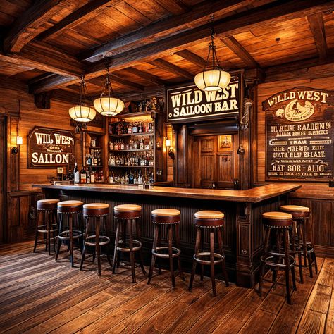 this site is all AI and is too cowboy/western but i do like the lit bottle shelves, the wooden bartop, and the bar cladding Cowboy Cafe Design, Old West Saloon Interior, Western Restaurant Interior, Old Saloon Bar, Cowboy Restaurant Design, Country Bar Aesthetic, Western Saloon Interior, Wood Bar Design, Western Saloon Decor