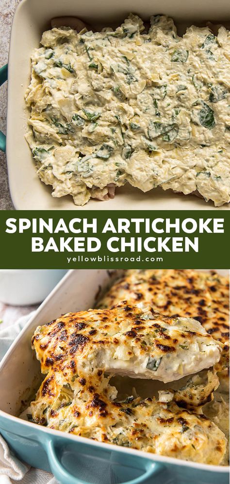 Creamy Spinach Artichoke Dip, Weeknight Chicken Dinner, Easy Weeknight Chicken, Simple Spinach Salad, Baked Chicken Breasts, Baked Spinach, Weeknight Chicken, Juicy Baked Chicken, Spinach Artichoke Chicken