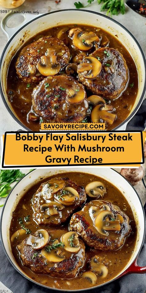 Want to impress your family with a gourmet ground beef meal? Bobby Flay's Salisbury Steak with Mushroom Gravy is not only easy to make but also packed with flavor! This recipe is a must-try for meat lovers. Pin it now for your next dinner inspiration! Salisbury Steak With Mushroom Gravy, Steak With Mushroom Gravy, Salisbury Steak Recipe, Mushroom Gravy Recipe, Salisbury Steak Recipes, Savory Recipe, Beef Patties, Bobby Flay, Mushroom Gravy