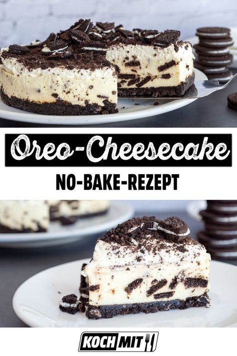 Kuchen mit ganz viel Doppelkeks: Beim Oreo-Cheesecake besteht nicht nur der Boden aus den leckeren Keksen, auch in den Tortenstücken stecken jede Menge Oreos! Wenn du auf die dunklen runden Leckereien stehst, ist unser Rezept ideal für dich. Fans der schokoladig-herben und zugleich süßen Oreo-Kekse werden diesen Kuchen lieben und nicht genug davon bekommen. Unser Oreo-Cheesecake ist schön schnell zubereitet, denn er kommt ohne Backofen aus. Oreo Dessert, Oreo Cheesecake, Sweet Recipes, Oreo, Delicious Desserts, Food To Make, Clean Eating, Cheesecake, Food And Drink