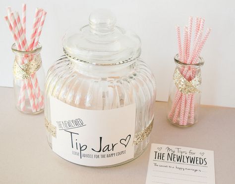 Newlywed Tip Jar Printable 03 Tip Jar Ideas, Advice Jar, Fun Guest Book, Diy Wedding Guest Book, Hen Party Decorations, Diy Guest Book, Wedding Activity, Tip Jar, Tip Jars