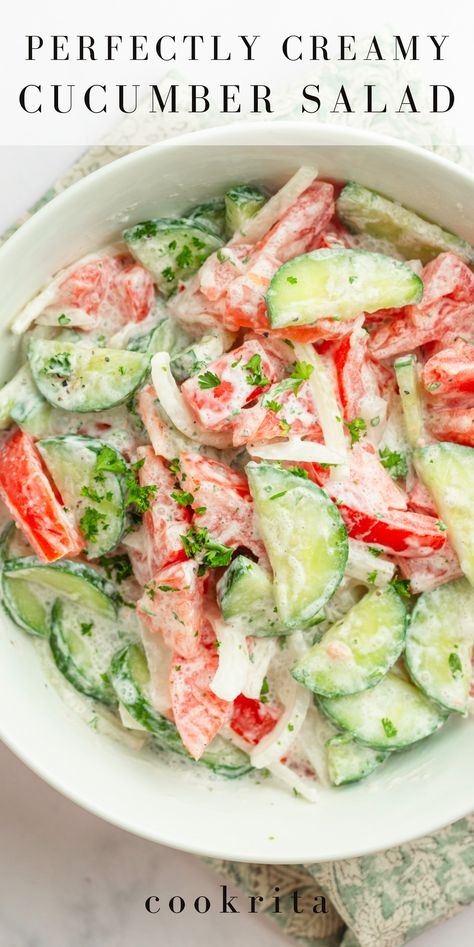 Quick & Creamy Cucumber Salad for Any Dinner Cucumber And Tomato Salad Recipe, Crab Cucumber Salad, Cucumber Tuna Salad, Crab And Cucumber Salad, Cucumber Crab Salad, Cottage Cheese Cucumber, Cucmber Salad, Cucumber Recipes Healthy, Cucumber Tuna