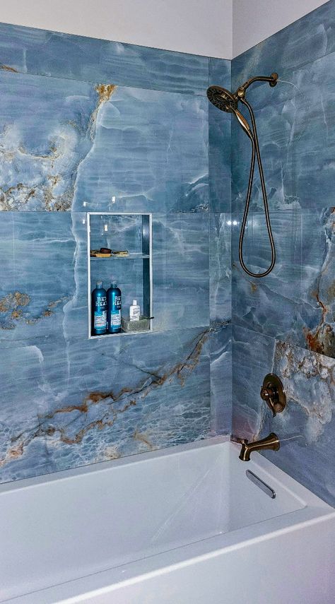 Sky-blue blue marble gold accent shower ocean tile Blue Bathroom Decor, Interior Design Your Home, Dream Life House, Washroom Design, Bathroom Redesign, Bathroom Design Decor, Bathroom Inspiration Decor, Dream House Interior, Blue Marble