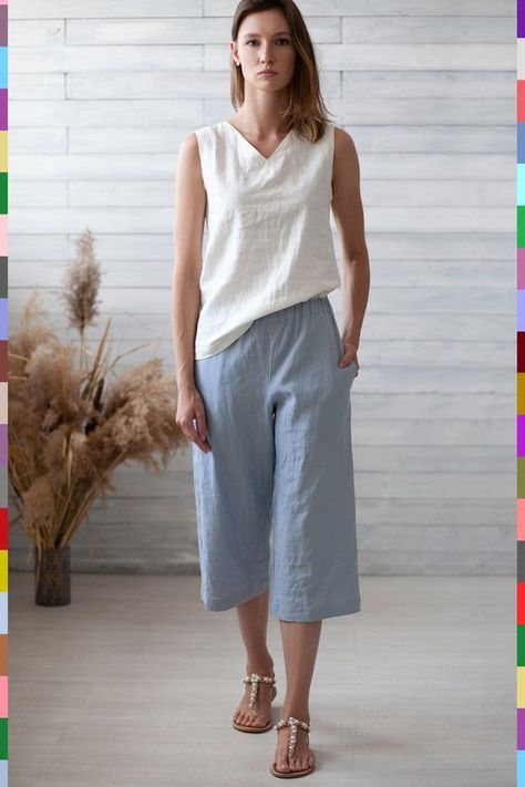 100% pure linen (Italy). Linen pants. Flax pants. Linen capris. Italian linen. Europe Clothes, Flax Pants, Loose Linen Pants, Capri Outfits, Pants Linen, White Linen Shirt, Pants Loose, Italy Fashion, Blue Trousers