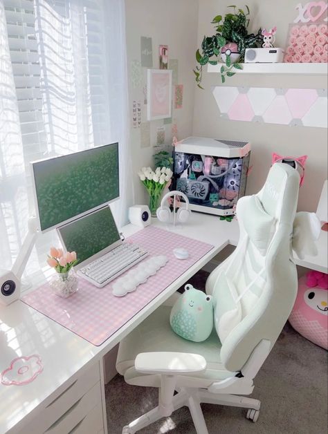 White Gaming Setup, Gaming Room Ideas, Ideas Habitaciones, Gaming Desk Setup, Cozy Desk, Gamer Setup, Pink Desk, Gamer Room Decor, White Desk