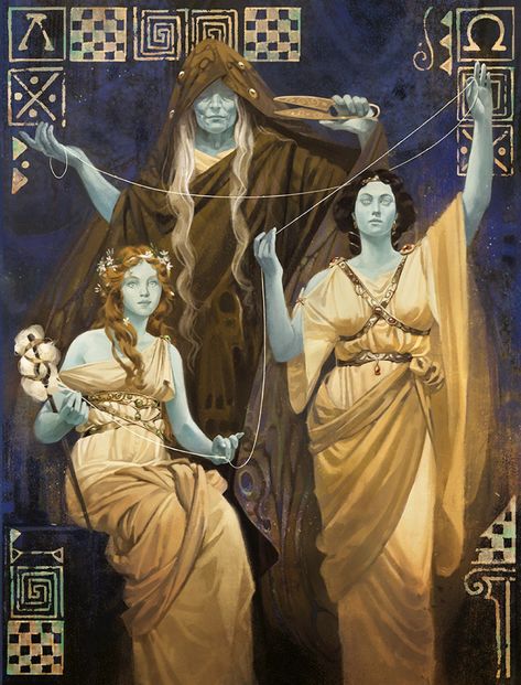 Cover artwork for the tabletop game 'Moirai', based on the fates of the greek mithology, Clotho, Lachesis and Atropos. The Fates Art Greek Mythology, Clotho Lachesis Atropos, The Fates Mythology Art, Greek Goddess Artwork, The Moirai Aesthetic, Greek Gods Character Design, Atropos Greek Mythology, The Fates Aesthetic, The Fates Mythology