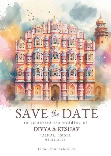 Jaipur Destination Wedding Save the Date | Dr Save The Date Ideas Digital Art, Save The Date Wedding Templates, New Save The Date Ideas, Save The Date Ideas Wedding, Jaipur Wedding Invite, Hawa Mahal Illustration, Wedding Illustration Background, Wedding Invites Ideas, Indian Wedding Invitation Templates