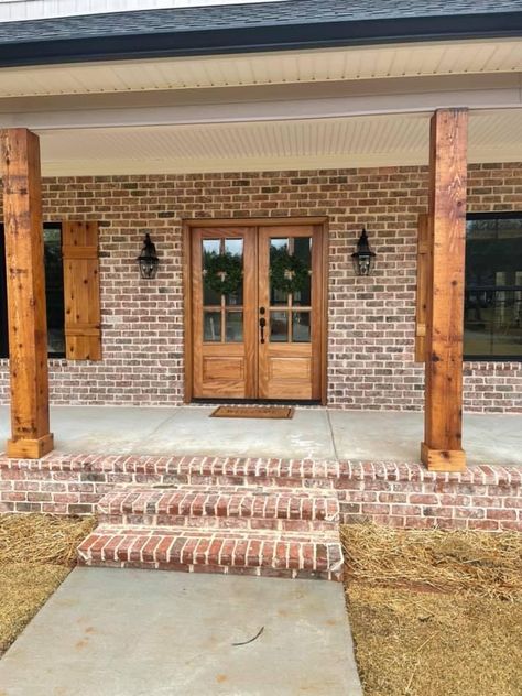 Porch Beams, Brick Ranch Houses, Red Brick House Exterior, Brick Farmhouse, Brick Porch, Ranch House Exterior, Brick Steps, House Front Porch, Porch Remodel