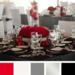 Red, White, Gray, Silver, Black Color Palette I think this may be what I want. Red Black Silver Color Palette, Palette Kitchen, Garnet Color, Black Color Palette, Red Colour Palette, Red Candles, Flower Ball, Master Bedrooms, Gray Weddings