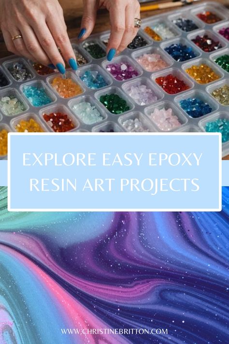 Hands sorting colored beads above a swirling epoxy resin art piece, with text "Explore Easy Epoxy Resin Art Projects". Pour Resin Art, Beginner Epoxy Resin Projects, Epoxy Resin Tips And Tricks, Resin Art For Beginners, Resin Techniques, Resin Pouring, Epoxy Ideas, Art For Beginners, Diy Headboards