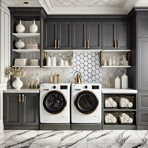 Experience luxury in this elegant Short Hills laundry room, where marble floors and sleek black cabinetry make every chore feel like a treat. Chic and functional! 🖤 #ShortHillsLuxury #LaundryInspo #ElegantDesign #ProdigyRealEstate Neoclassical Laundry Room, Laundry Room Marble Floor, Laundry Room Design Luxury, Luxurious Laundry Room, Functional Laundry Room Ideas, Laundry Room Ideas Dark, Modern Luxury Laundry Room, Open Laundry Room Ideas, Laundry Room With Top Loader Ideas