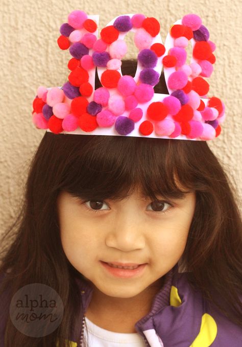 100th Day of School Crown Craft (with pom poms) by Brenda Ponnay for Alphamom.com 100th Day Of School Hat Ideas, Craft With Pom Poms, 100 Days Of School Hat, 100th Day Of School Crafts, 100 Day Celebration, Lion Mask, Crown Crafts, 100th Day Of School, Hat Ideas