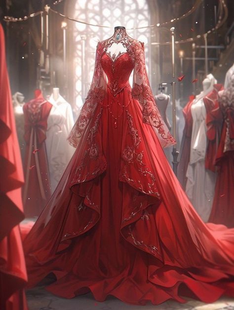 Fantasy Gowns Red, Red And Gold Ball Gown, Red Fantasy Dress, Christmas Outfit Ideas, Fantasy Dresses, Fashion Drawing Dresses, Fashion Illustration Dresses, Prom Dress Inspiration, Dress Sketches