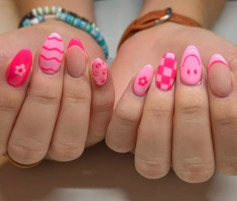 Blooms Of Elegance: 33+ Hot Pink Nails With Flowers Nail Ideas Hot Pink Art Designs, Pink Design Nail Art, Pink Mix Match Nails, Cute Bright Pink Nails, Nail Inspo For Valentines Day, Hot Pink Beach Nails, Pink Fun Nails, Hot Pink Nails With Flowers, Cute Nail Ideas Pink