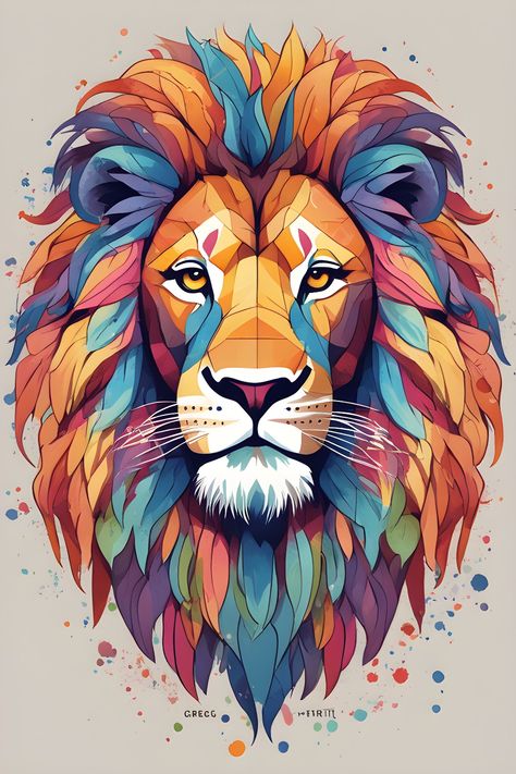 This is a digital watercolor painting of a male lion in orange and green. Colorful Lion Painting, 3d Lion, Abstract Lion, Lion Sketch, Geometric Lion, Lion Artwork, Palm Tattoos, Lion Drawing, Lion Illustration