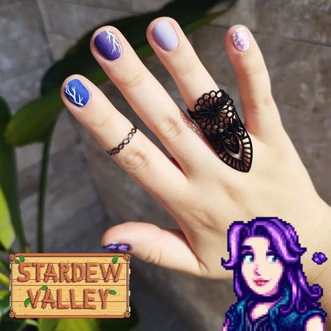 Dark blue, purple, lilac and white matte nails with lilac foil detail and white stamping. Stardew Valley Nail Art, Stardew Nails, Stardew Valley Nails, Pretty Fingers, Stardew Valley Fanart, Nails Nailpolish, Art Help, Stardew Valley, Nails Inspo