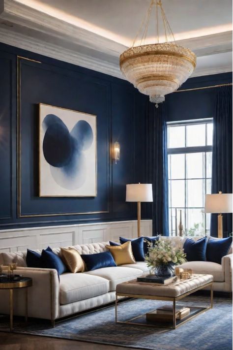 Cozy small living room with navy blue walls and cream furniture Midnight Blue Living Room Ideas, Navy Blue Sitting Room, Living Room Ideas 2024 Trends, Blue Sitting Room Ideas, Navy Living Room Color Scheme, Dark Navy Living Room, Blue Color Palette Living Room, Blue Sitting Room, Navy Living Room