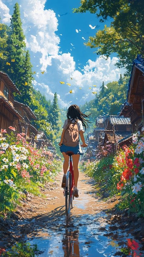 Library Illustration, Riding A Bicycle, Flowers Blooming, Floral Illustration, Hayao Miyazaki, Miyazaki, Country Road, Painting Style, Beautiful Flowers