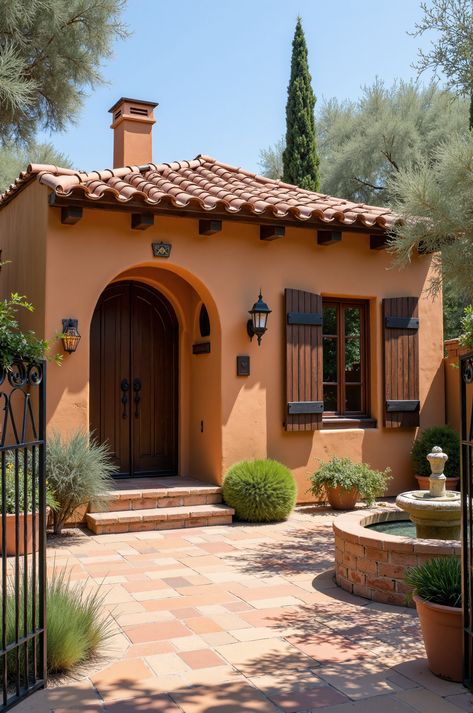 This charming Mediterranean casita offers rustic simplicity and inviting warmth. Features include warm terracotta stucco, rustic wooden shutters, a tiled roof, arched doorways and windows, olive trees, a courtyard fountain, and a single-story design. #MediterraneanHome #Casita Spanish Style Windows Exterior, Central American Architecture, Mexican Exterior Houses, Terracotta House Exterior, Tuscan Courtyard, Spanish Homes, Classy Rooms, Rustic Houses, Arched Doorways