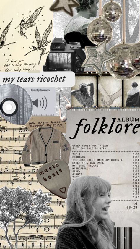 Folklore Collage Wallpaper, Taylor Swift Song Collage, Folklore Scrapbook, Folklore Taylor Swift Aesthetic Wallpaper, Taylor Swift Shuffle, Eras Wallpaper, Folklore Collage, Taylor Wallpaper, Folklore Aesthetic