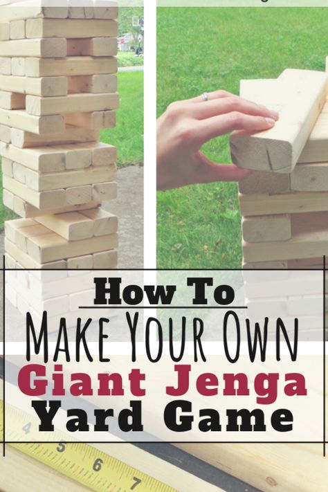 How to make a DIY giant jenga yard game or pub style drinking game. This is perfect for playing outside in your backyard. Making the jumbo pieces is really easy and is the perfect large format game for your family. #creativegreenliving #jenga #giftsforhim #drinkinggame #yardgame #backyard #backyardgame #easyDIY #woodworking #games #DIYgames #DIYgiftideas Yard Jenga, Outdoor Drinking Games, Life Size Jenga, Jenga Diy, Giant Jenga Game, Backyard Upgrades, Yard Game, Diy Yard Games, Jenga Game