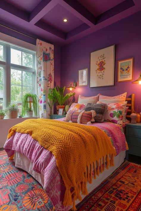 Colourful Maximalism, Bright Room Colors, Rainbow Walls, Funky Bedroom, Colorful Rooms, Cute Living Room, Bright Room, Purple Bedrooms, Boho Style Bedroom