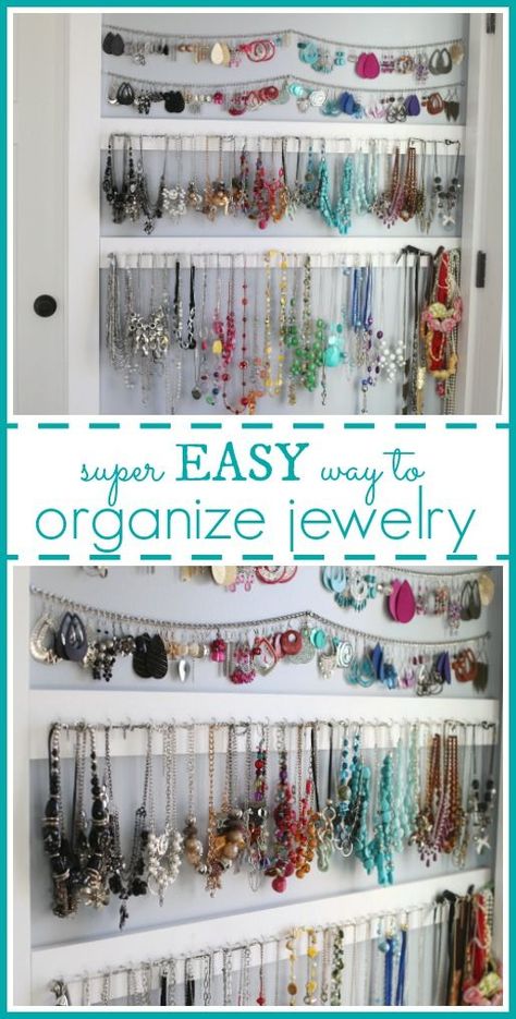 Simple Jewelry Organization idea, easy way to hang up all that jewelry and avoid a tangled mess! - Sugar Bee Crafts Organize Jewelry, Crafts Simple, Cheap Apartment Decorating, Organizational Tips, Interior Simple, Cheap Farmhouse Decor, Organizer Diy, Christmas Decorations Cheap, Decor Ikea