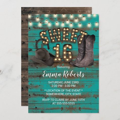 Western Sweet 16 Dress, Western Sweet 16 Decorations, Sweet 16 Western Theme Ideas, Western Sweet 16 Ideas, Turquoise Sweet 16, Country Sweet 16, Cowgirl Invitations, Western Invitations, Sweet 16 Party Themes