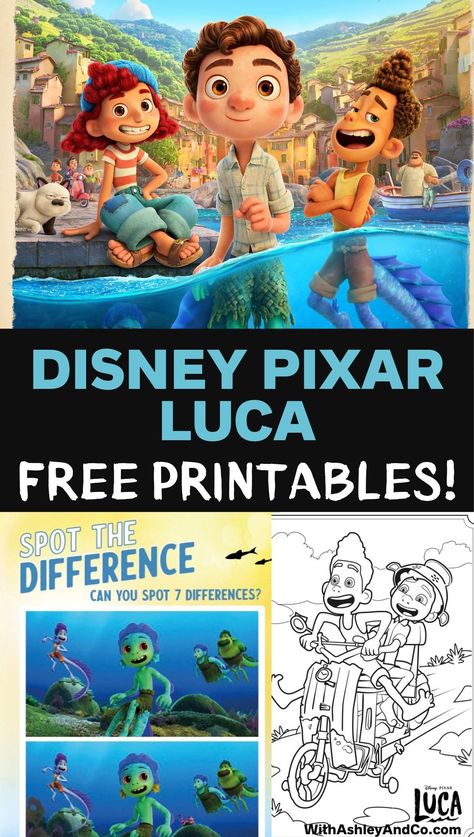 Free Luca Printables, Free Luca coloring pages, Luca activity pages, Pixar Luca Free Printable, #PixarLuca, free disney printables, free pixar printables Luca Movie Night, Luca Birthday Party Ideas, Luca Party, Disney Printables Free, Luca Birthday, Disney Luca, Lucas Movie, Movie Themed Party, Disney Printables