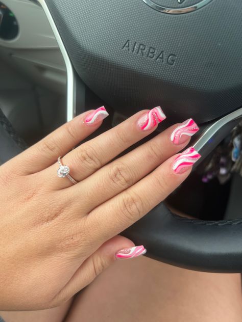 Nail Inspiration Swirl, Colourful Swirl Nails, Preppy Nails Hot Pink, Swirled Lipstick Nails, Pink Swirl Nails Square, How To Do Swirls On Nails, Hot Pink Nails With Design Square, Hot Summer Nails Short, Light Pink Swirl Nails