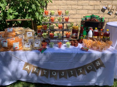 Mexican Party Table Candy Buffet, Botana Table Mexican, Dessert Table Cowboy Theme, Fruit Table Ideas Birthday Mexican, Mexican Party Sweets Table, Fruit And Chamoy Bar, Mexican Candy Table Ideas Birthday, Mexican Party Fruit Table, Candy Table Set Up Ideas