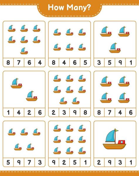 Counting game, how many Boat. Educational children game, printable worksheet, vector illustration Teaching Matter, Transportation Preschool Activities, Nursery Worksheets, Transportation Worksheet, Boat Theme, Math Pages, Transportation Preschool, Counting Worksheets, Kids Worksheets Preschool