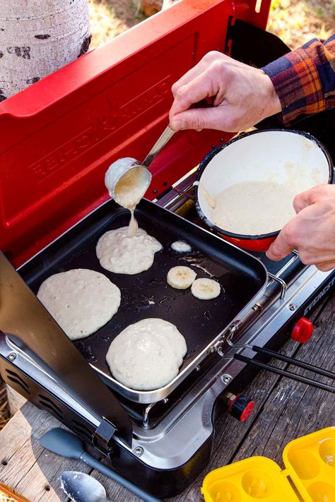 Camping Pancakes Make Ahead, Camping Pancake Hacks, Camping Pancakes, Banana Granola Pancakes, Banana Pancake Trail Backpacker, Campfire Bananas, Classic Pancake Recipe, Easy Camping Breakfast, Banana Blueberry Pancakes