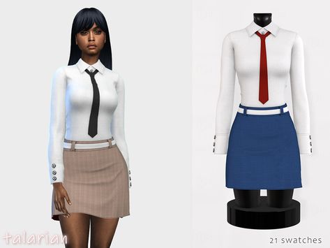 The Sims Resource - Charlie Shirt with a Tie and Skirt Set Sims 4 Cc White Shirt, Sims4 Maxis Match Cc, White Shirt With Tie, Clothes The Sims 4, Front Zipper Dress, Sims 4 Packs, Forest Dress, The Sims 4 Female Clothing, Puff Sleeves Dress