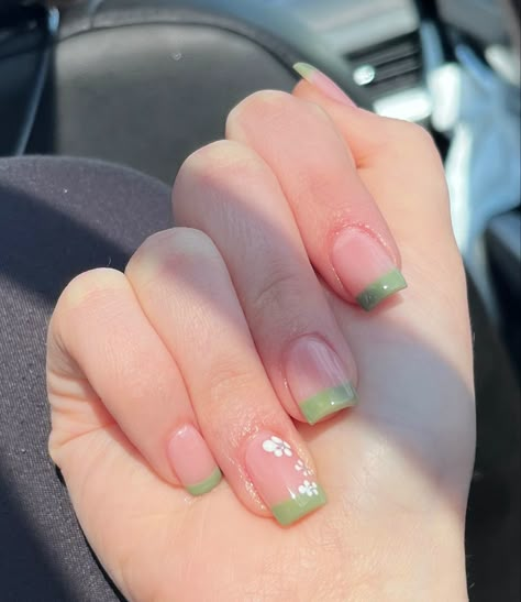 Green Nail Simple Design, Sage Green Nails Design Square, Sage Green French Tip Nails With Flowers, Green Tip French Manicure, March Nail Inspo Aesthetic, Green French Nails With Flowers, Short Sage Green French Tip Nails, Ivory Green Nails, Sage Green And White French Tip Nails