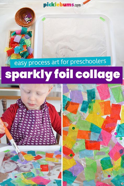 Foil Collage - Picklebums Collage Activities, Easy Process Art, Process Art Preschool, Bubble Wrap Art, Art Activity For Kids, Tin Foil Art, Baby Art Projects, Preschool Colors, Cool Art Projects