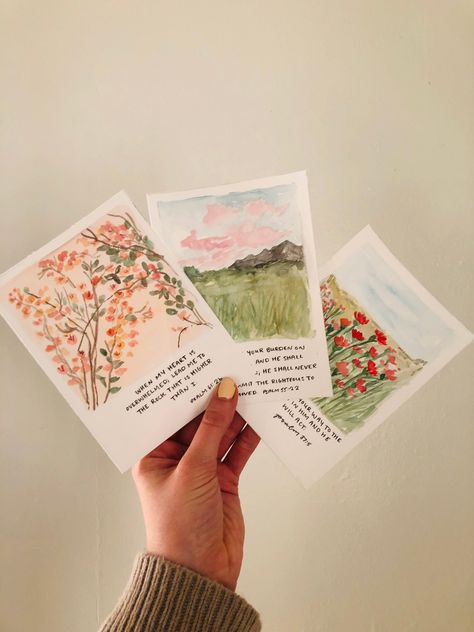 Watercolor Items To Sell, Simple Watercolor Inspiration, Cute Small Handmade Gifts, Mini Paintings Ideas Watercolors, Watercolor Art To Sell, Acrylic Painting Cards, Card Inspo Aesthetic, Watercolor Verses, Christian Diy Crafts