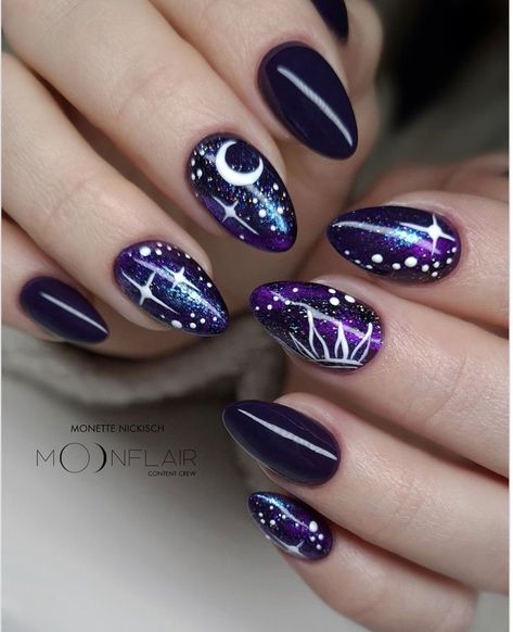 Cosmic Nail Art Designs, Almond Nails Galaxy, Purple Goth Nails Short, Magical Nail Design, Cat Eye Nails Design Galaxy, Simple Galaxy Nails, Nail Ideas Space, Galaxy Nail Ideas, Velaris Inspired Nails