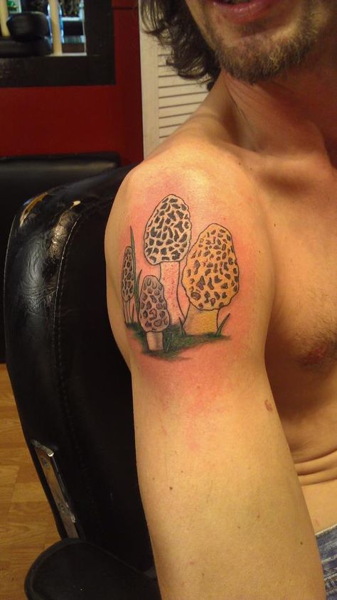 My husbands tattoo he has wanted for years. Now he can find Morels all year round. Done By Miccha Foley at Hard Time Art Morel Mushroom Tattoo, Mushroom Tattoo Ideas, Open Heart Tattoo, Husband Tattoo, Mushroom Tattoo, Morel Mushrooms, Mushroom Tattoos, Morel Mushroom, Vernal Equinox