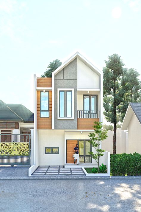 5,5x10,5 m, Desain Rumah Scandinavian dengan 2 Kamar Tidur, Balkon dan Innercourt Desain rumah dilahan 5,5 x 10,5 m, dengan spesifikasi : Lantai 1 : - Ruang Tamu - Kamar Mandi - Dapur - Taman Dalam Lantai 2 : - Kamar Tidur 1 - Kamar Tidur 2 - Ruang Kerja - Kamar Mandi - Balkon Rumah Skandinavia, Scandinavian Facade, Apartment Floor Plan, Townhouse Designs, Architect Design House, Architecture Model House, Home Building Design, Dream Apartment, Home Design Plans