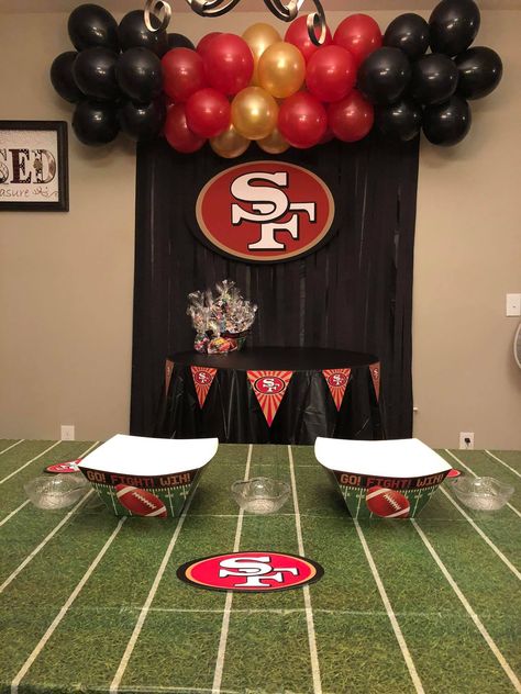 Niners Birthday Party, 49er Super Bowl Party, Niners Party Decorations, 49ers Party Decorations, 49ers Theme Party Ideas, 49ers Balloon Garland, 49ers Birthday Party Ideas For Men, 49ers Super Bowl Party, Super Bowl Balloon Decor