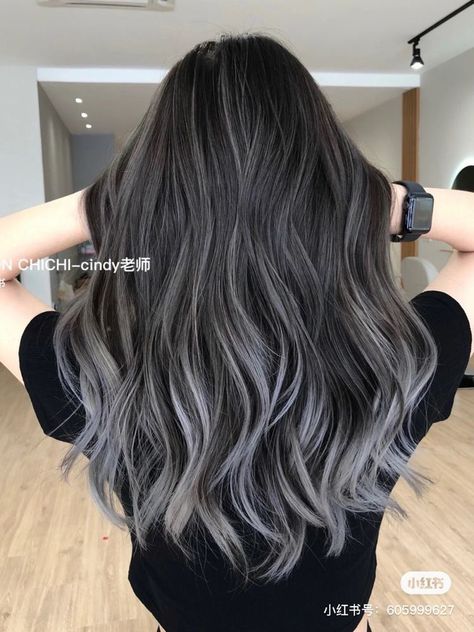 Slate Sophistication: Elegant Grey Hair Transformations Grey Toned Balayage, Black Gray Balayage, Asian Silver Hair Balayage, Black Hair With Dark Grey Balayage, Dark Hair Silver Balayage, Balayage Hair Grey Silver Dark Roots, Long Hair Babylights, Black Gray Hair Balayage, Black And Gray Balayage