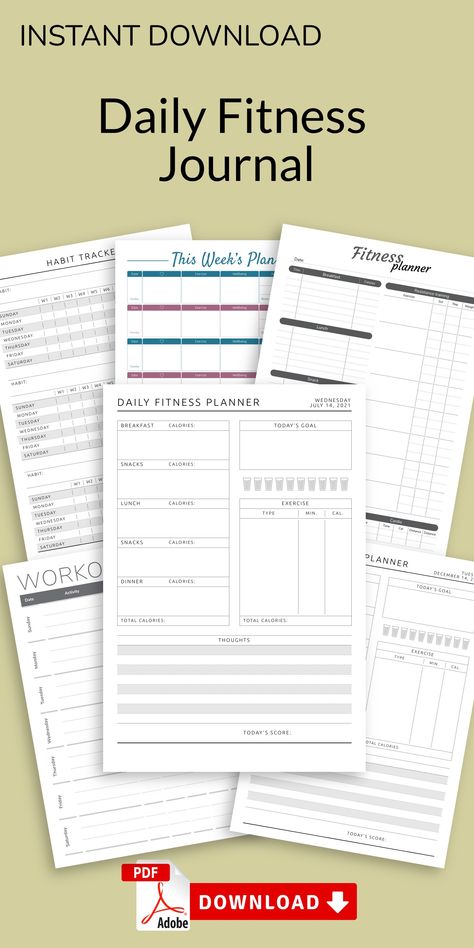 Day Planner Printables Free, Fitness Template Design, Health Journal Templates, Workout Schedule Printable, Printable Workouts Schedule, Fitness Journal Template, Daily Planner For Students, Workout Journal Template, Workout Journal Ideas Planners