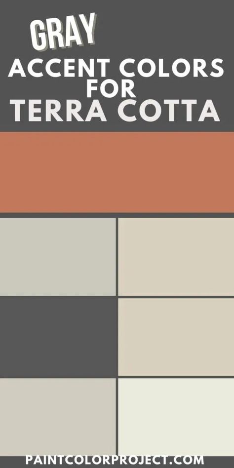 Paint Colors To Match Terracotta Tile, Terra Cotta Colored Walls, Terra Cotta Painted Furniture, Colors That Go With Terra Cotta Tile, What Colors Go With Terra Cotta, Gray And Terra Cotta Living Rooms, Terracotta Matching Colors, Terra Cotta Living Room Walls, Terra Cotta Dining Room