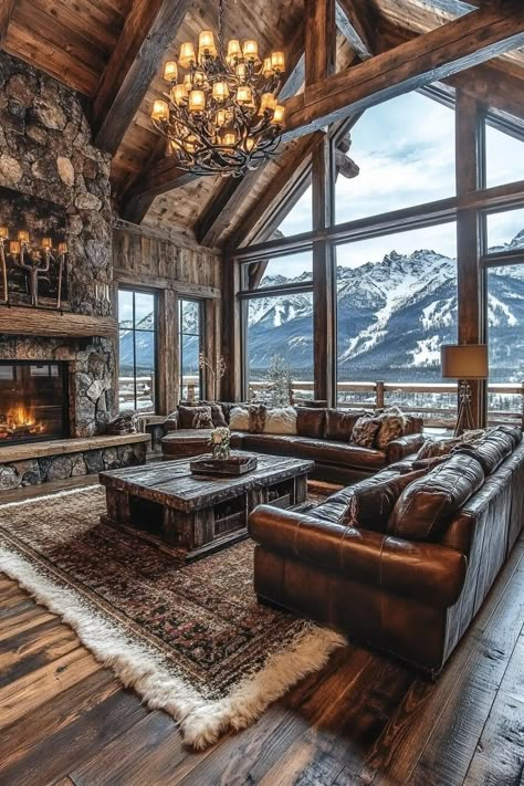 Haven Cottage Living Room With Leather Sofa, Stone And Wood House Interior, Country House Inside, Rustic Cabin Decor Living Room, Bloxburg Dorm Ideas, Bloxburg Dorm, Cabin Interiors Living Room, Lodge Great Room, Log Cabin Living Room Ideas