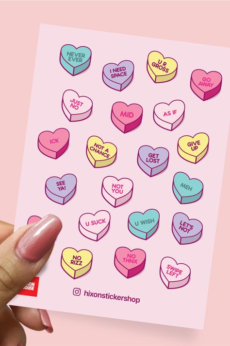 Anti-Valentine's Day Love Hearts Sticker Sheet Candy Heart Sticker, Love Hearts Sweets, Digital Painting Ideas, Valentines Stickers, Love Heart Sweets, Valentine Candy Hearts, Sublimation Ideas Projects Inspiration, Valentine Stickers, Anti Valentines Day