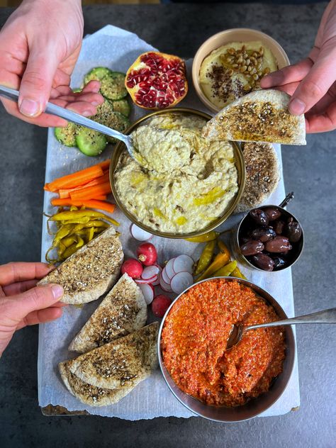 Mezzo Platter, Walnut Dip, Aubergine Dip, Roasted Aubergine, Mezze Platter, Plant Based Vegan, Vegan Holiday, Baba Ganoush, Za Atar