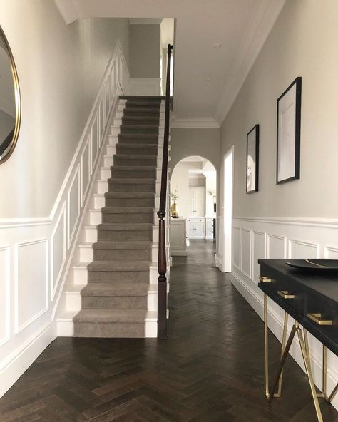 Rachael Somerville on Instagram: “Throwback Thursday ✨ Swipe to see what this view looked like mid reno ⬅️ As part of the renovation all of the floors at ground floor…” Dark Herringbone Floor, Stair Gates, Dark Timber Floors, درج السلم, Stair Gate, Dark Panels, Narrow Hallway Decorating, Hallway Flooring, Dark Floors